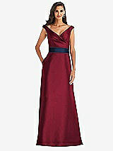 Front View Thumbnail - Burgundy & Midnight Navy Off-the-Shoulder Draped Wrap Satin Maxi Dress