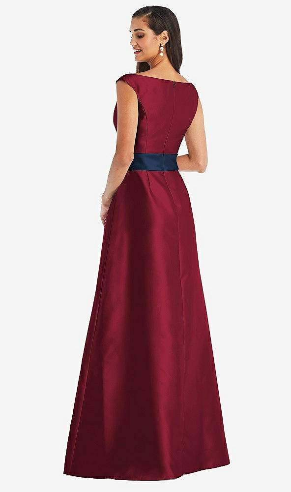 Back View - Burgundy & Midnight Navy Off-the-Shoulder Draped Wrap Satin Maxi Dress