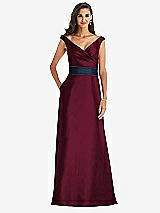 Front View Thumbnail - Cabernet & Midnight Navy Off-the-Shoulder Draped Wrap Satin Maxi Dress