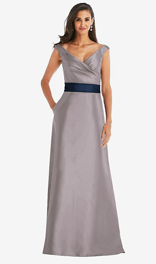 Front View - Cashmere Gray & Midnight Navy Off-the-Shoulder Draped Wrap Satin Maxi Dress