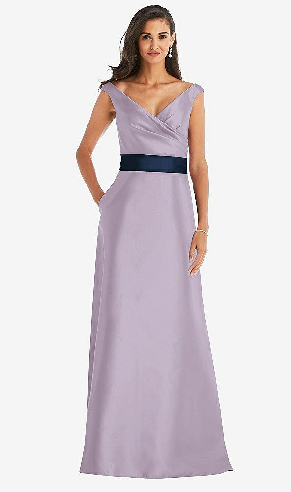 Front View - Lilac Haze & Midnight Navy Off-the-Shoulder Draped Wrap Satin Maxi Dress