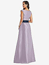Rear View Thumbnail - Lilac Haze & Midnight Navy Off-the-Shoulder Draped Wrap Satin Maxi Dress