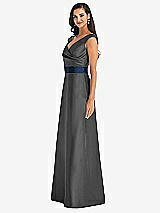 Side View Thumbnail - Pewter & Midnight Navy Off-the-Shoulder Draped Wrap Satin Maxi Dress