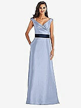 Front View Thumbnail - Sky Blue & Midnight Navy Off-the-Shoulder Draped Wrap Satin Maxi Dress