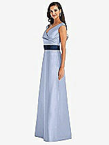 Side View Thumbnail - Sky Blue & Midnight Navy Off-the-Shoulder Draped Wrap Satin Maxi Dress