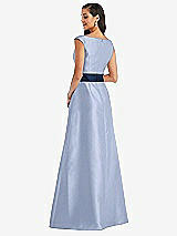 Rear View Thumbnail - Sky Blue & Midnight Navy Off-the-Shoulder Draped Wrap Satin Maxi Dress
