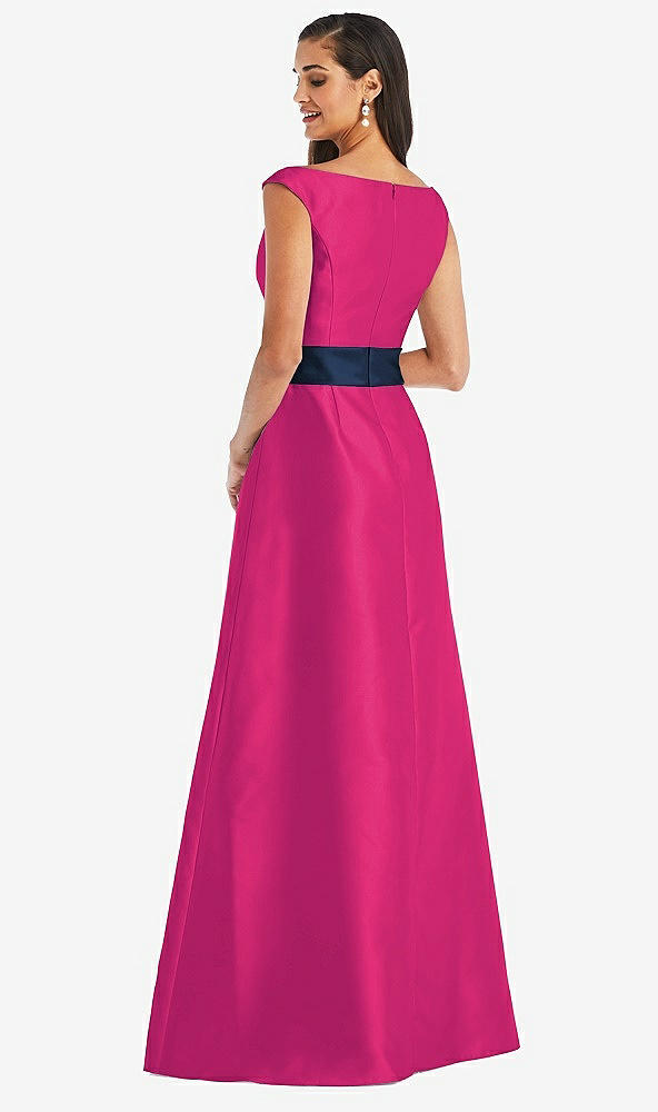 Back View - Think Pink & Midnight Navy Off-the-Shoulder Draped Wrap Satin Maxi Dress