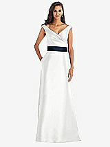 Front View Thumbnail - White & Midnight Navy Off-the-Shoulder Draped Wrap Satin Maxi Dress