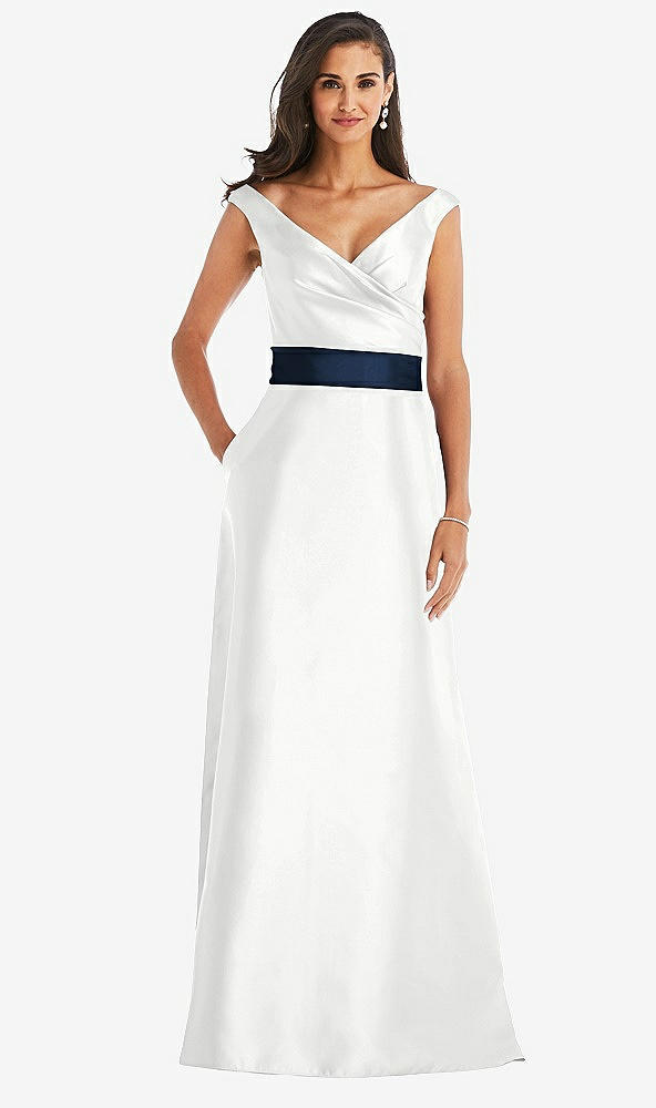 Front View - White & Midnight Navy Off-the-Shoulder Draped Wrap Satin Maxi Dress