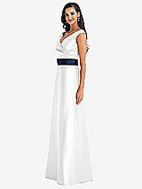 Side View Thumbnail - White & Midnight Navy Off-the-Shoulder Draped Wrap Satin Maxi Dress