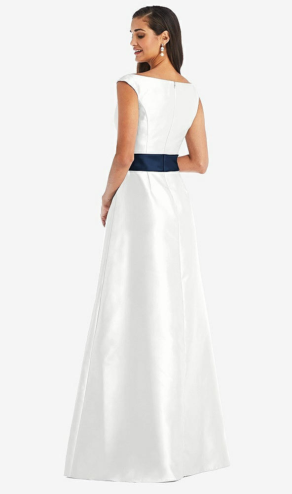Back View - White & Midnight Navy Off-the-Shoulder Draped Wrap Satin Maxi Dress