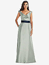 Front View Thumbnail - Willow Green & Midnight Navy Off-the-Shoulder Draped Wrap Satin Maxi Dress