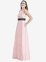 Side View Thumbnail - Ballet Pink & Caviar Gray High-Neck Asymmetrical Shirred Satin Maxi Dress with Pockets