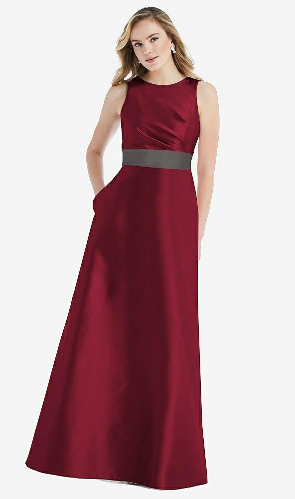 Front View - Burgundy & Caviar Gray High-Neck Asymmetrical Shirred Satin Maxi Dress with Pockets