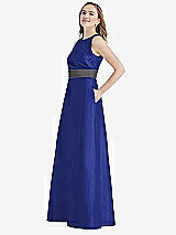 Side View Thumbnail - Cobalt Blue & Caviar Gray High-Neck Asymmetrical Shirred Satin Maxi Dress with Pockets