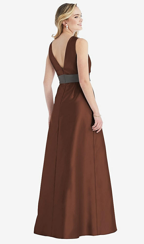 Back View - Cognac & Caviar Gray High-Neck Asymmetrical Shirred Satin Maxi Dress with Pockets