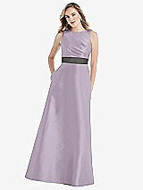 Front View Thumbnail - Lilac Haze & Caviar Gray High-Neck Asymmetrical Shirred Satin Maxi Dress with Pockets