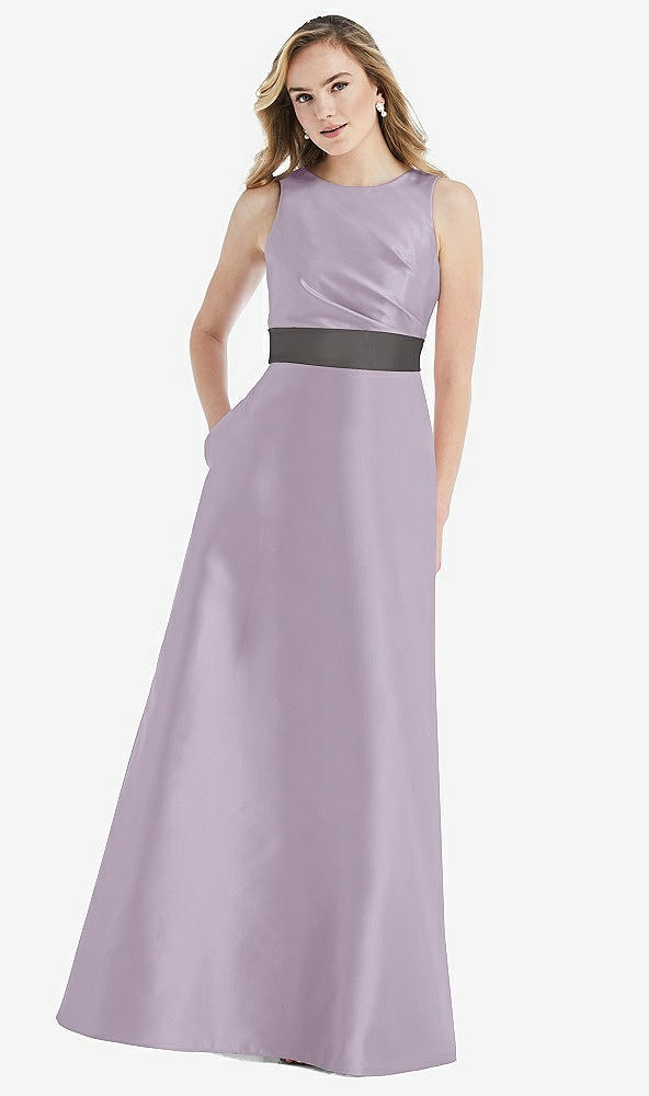 Front View - Lilac Haze & Caviar Gray High-Neck Asymmetrical Shirred Satin Maxi Dress with Pockets