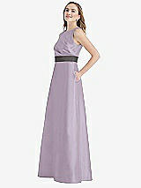 Side View Thumbnail - Lilac Haze & Caviar Gray High-Neck Asymmetrical Shirred Satin Maxi Dress with Pockets