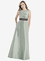 Front View Thumbnail - Willow Green & Caviar Gray High-Neck Asymmetrical Shirred Satin Maxi Dress with Pockets