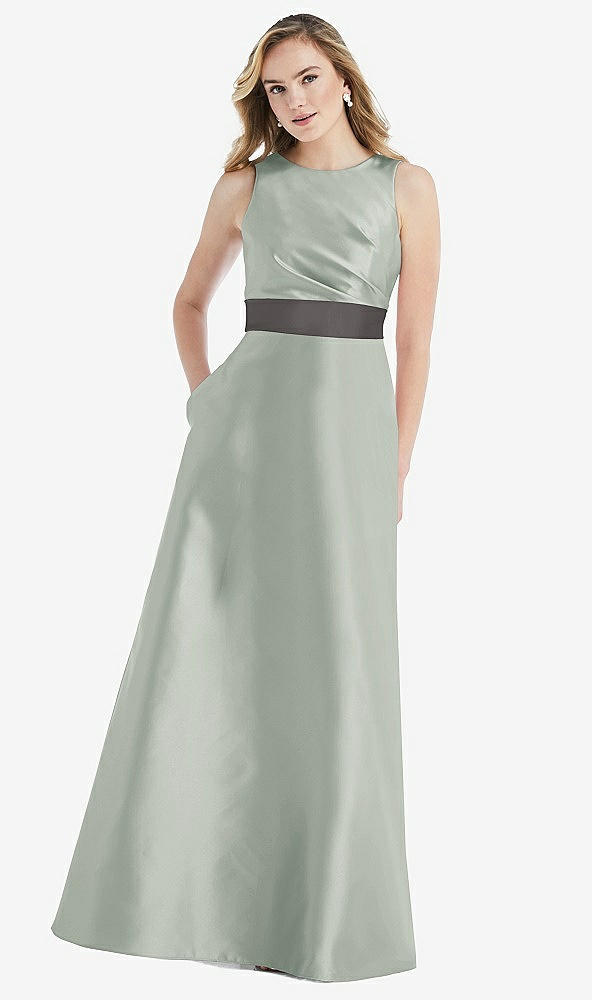 Front View - Willow Green & Caviar Gray High-Neck Asymmetrical Shirred Satin Maxi Dress with Pockets