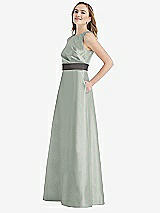 Side View Thumbnail - Willow Green & Caviar Gray High-Neck Asymmetrical Shirred Satin Maxi Dress with Pockets