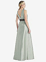 Rear View Thumbnail - Willow Green & Caviar Gray High-Neck Asymmetrical Shirred Satin Maxi Dress with Pockets