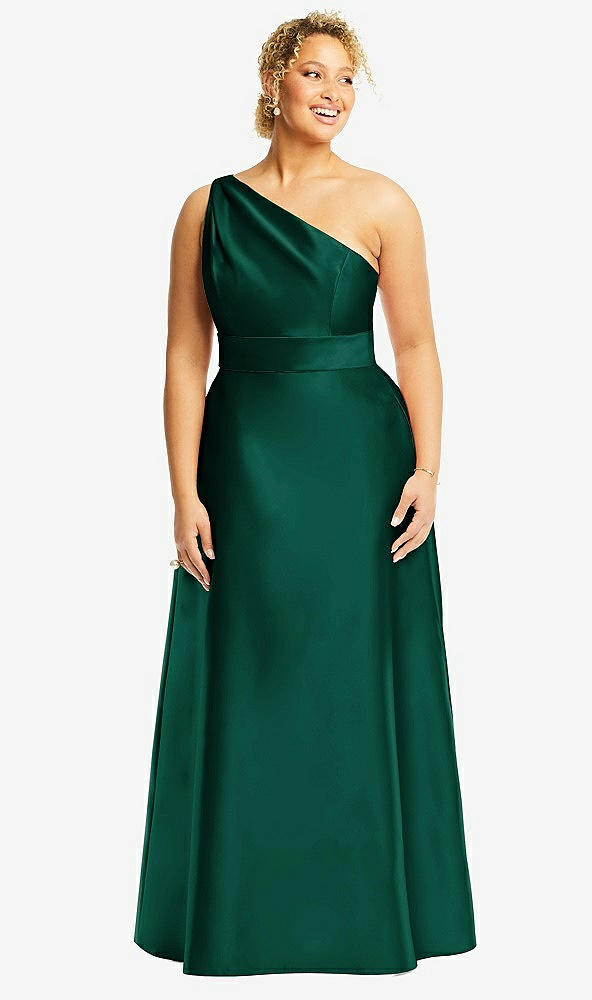 Front View - Hunter Green & Hunter Green Draped One-Shoulder Satin Maxi Dress with Pockets
