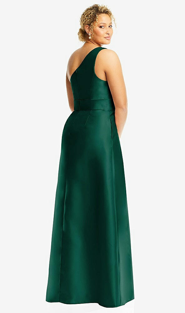 Back View - Hunter Green & Hunter Green Draped One-Shoulder Satin Maxi Dress with Pockets