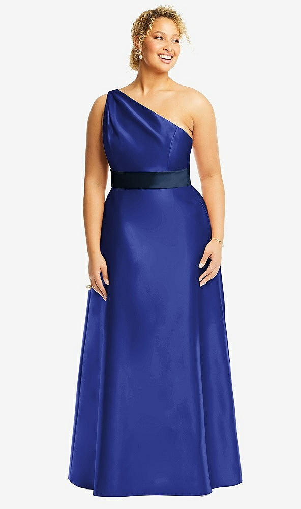 Front View - Cobalt Blue & Midnight Navy Draped One-Shoulder Satin Maxi Dress with Pockets