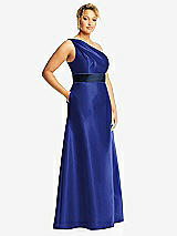 Side View Thumbnail - Cobalt Blue & Midnight Navy Draped One-Shoulder Satin Maxi Dress with Pockets