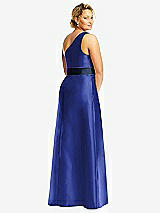 Rear View Thumbnail - Cobalt Blue & Midnight Navy Draped One-Shoulder Satin Maxi Dress with Pockets