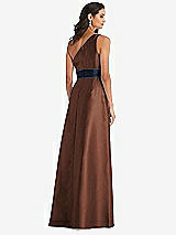 Alt View 3 Thumbnail - Cognac & Midnight Navy Draped One-Shoulder Satin Maxi Dress with Pockets