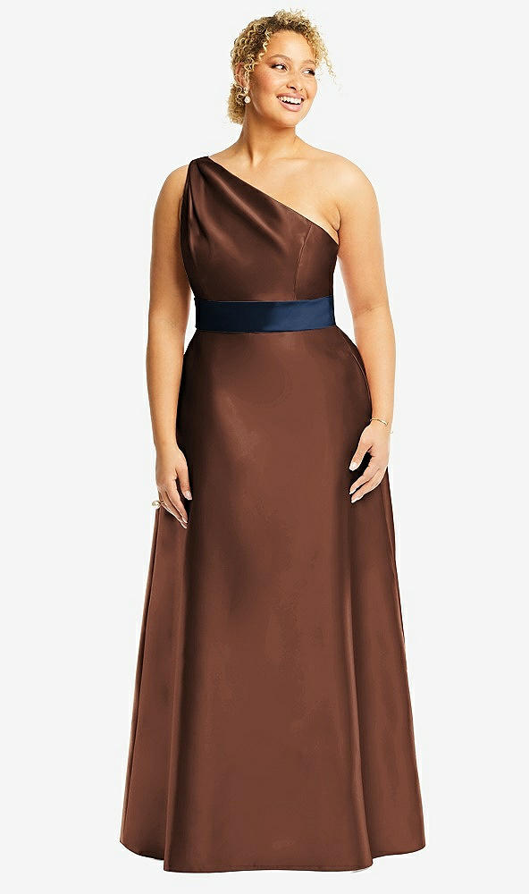 Front View - Cognac & Midnight Navy Draped One-Shoulder Satin Maxi Dress with Pockets
