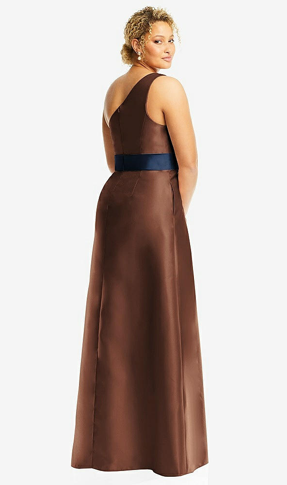 Back View - Cognac & Midnight Navy Draped One-Shoulder Satin Maxi Dress with Pockets