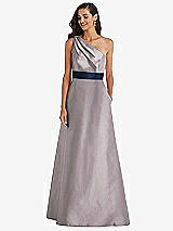 Alt View 1 Thumbnail - Cashmere Gray & Midnight Navy Draped One-Shoulder Satin Maxi Dress with Pockets