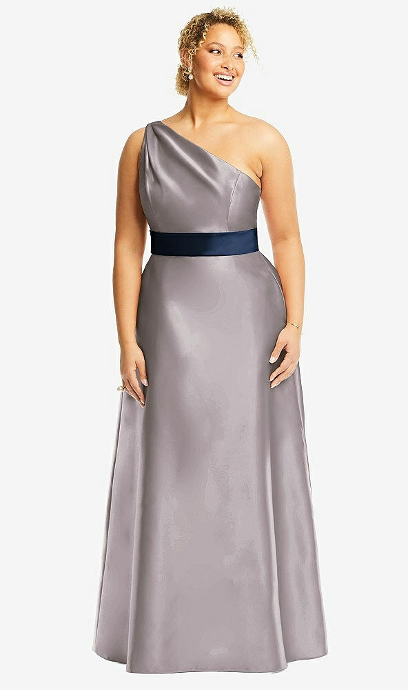 Front View - Cashmere Gray & Midnight Navy Draped One-Shoulder Satin Maxi Dress with Pockets