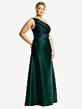 Side View Thumbnail - Evergreen & Midnight Navy Draped One-Shoulder Satin Maxi Dress with Pockets
