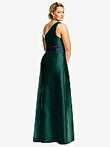Rear View Thumbnail - Evergreen & Midnight Navy Draped One-Shoulder Satin Maxi Dress with Pockets