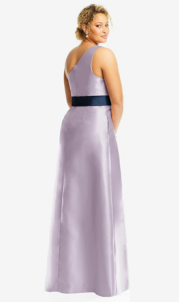 Back View - Lilac Haze & Midnight Navy Draped One-Shoulder Satin Maxi Dress with Pockets