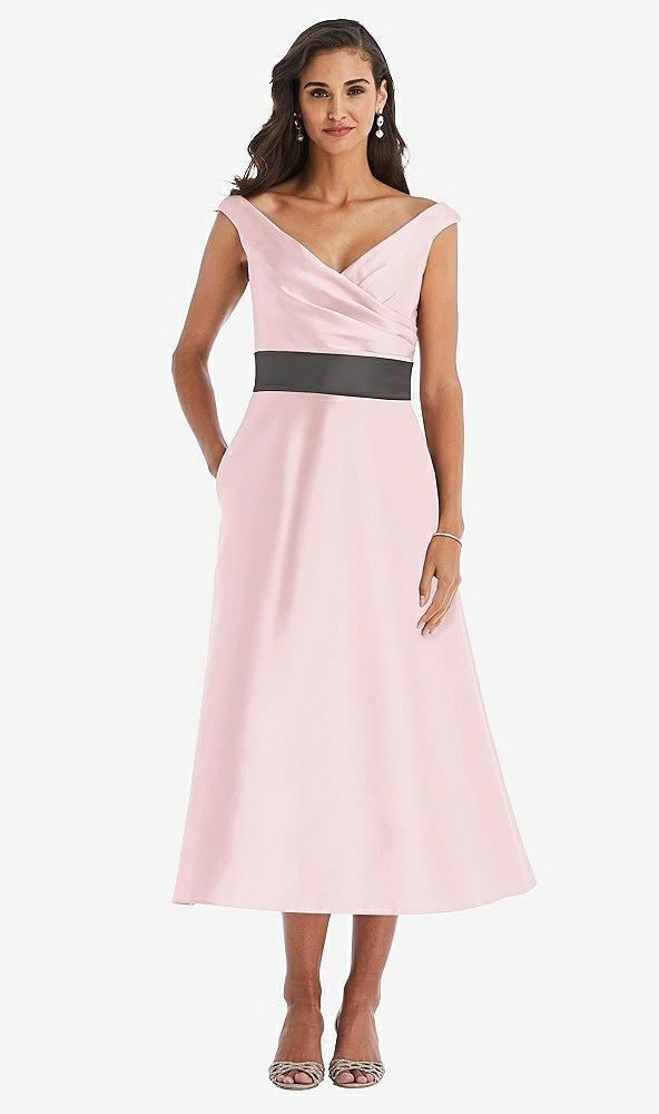 Front View - Ballet Pink & Caviar Gray Off-the-Shoulder Draped Wrap Satin Midi Dress with Pockets