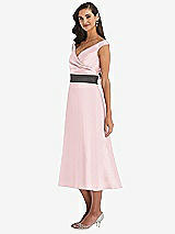 Side View Thumbnail - Ballet Pink & Caviar Gray Off-the-Shoulder Draped Wrap Satin Midi Dress with Pockets