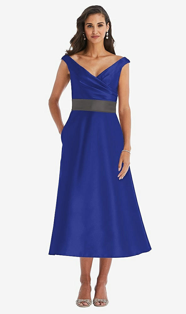 Front View - Cobalt Blue & Caviar Gray Off-the-Shoulder Draped Wrap Satin Midi Dress with Pockets