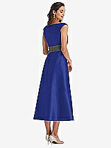 Rear View Thumbnail - Cobalt Blue & Caviar Gray Off-the-Shoulder Draped Wrap Satin Midi Dress with Pockets