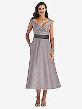 Front View Thumbnail - Cashmere Gray & Caviar Gray Off-the-Shoulder Draped Wrap Satin Midi Dress with Pockets