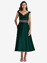 Front View Thumbnail - Evergreen & Caviar Gray Off-the-Shoulder Draped Wrap Satin Midi Dress with Pockets