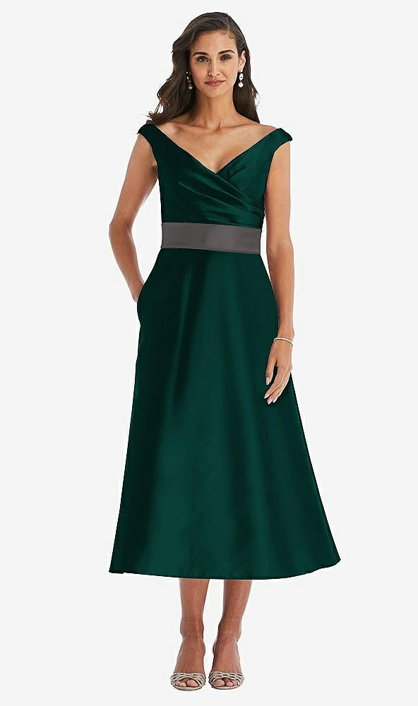 Front View - Evergreen & Caviar Gray Off-the-Shoulder Draped Wrap Satin Midi Dress with Pockets