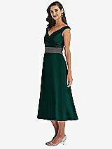 Side View Thumbnail - Evergreen & Caviar Gray Off-the-Shoulder Draped Wrap Satin Midi Dress with Pockets