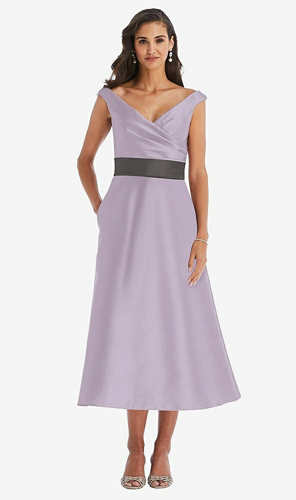Front View - Lilac Haze & Caviar Gray Off-the-Shoulder Draped Wrap Satin Midi Dress with Pockets
