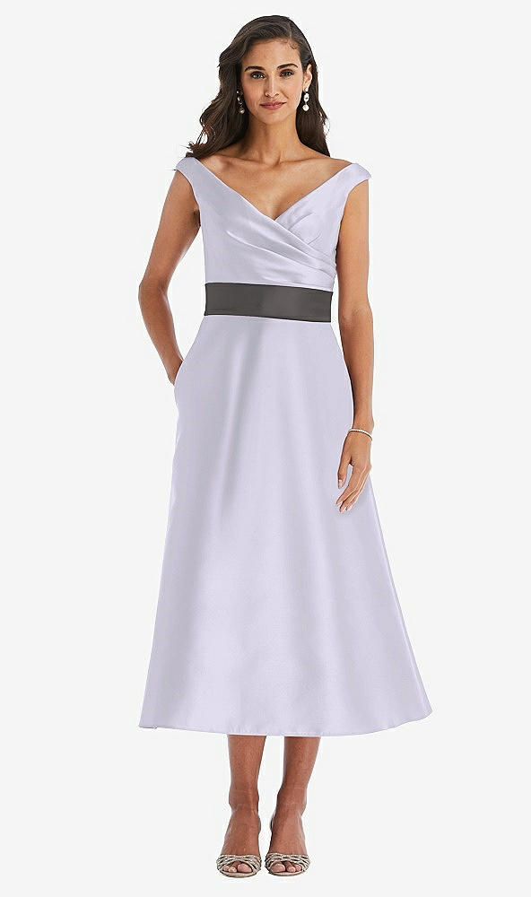 Front View - Silver Dove & Caviar Gray Off-the-Shoulder Draped Wrap Satin Midi Dress with Pockets